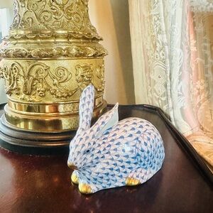 HEREND Blue and Gold Porcelain Rabbit Figurine